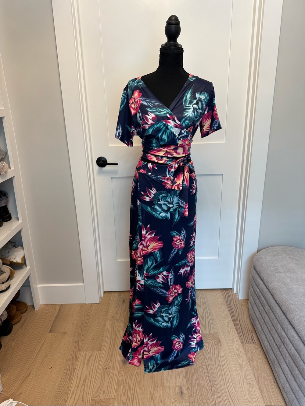 Floral Wrap Maxi Dress - Navy with Pink & Teal Flowers